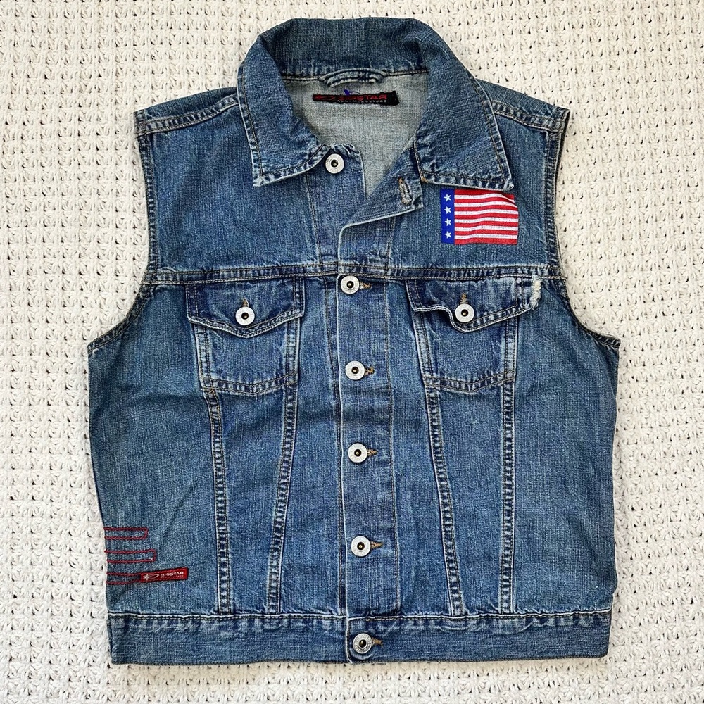 Y2K Denim Vest with American Flag Motif, Americana, July 4th B4